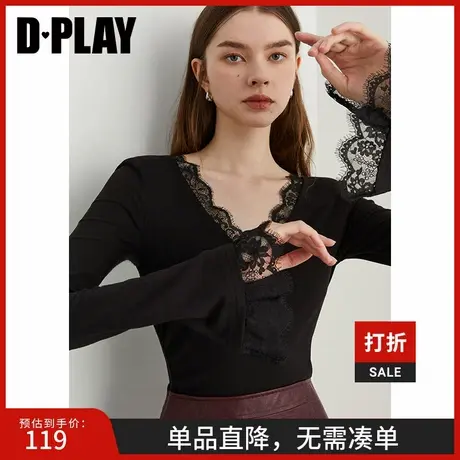 DPLAY2025春季新款气质简约黑色T恤女洋气时尚修身打底衫小衫长袖商品大图
