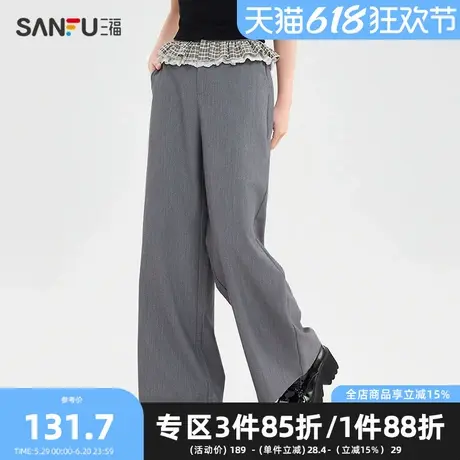 三福休闲裤2025夏季刺绣装饰格子花边拼接腰头裤子女装500293商品大图