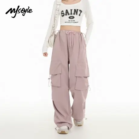 MJ STYLE工装裤女款2025新款女高腰抽绳宽松直筒束脚裤显瘦休闲裤商品大图