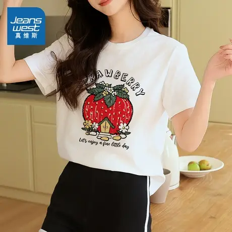 YD真维斯女装2025夏季新款纯棉短袖T恤圆领舒适宽松休闲印花上衣商品大图