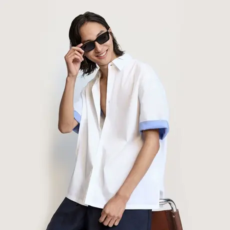 TRENDIANO 珍珠白棉锦弹力府绸短袖衬衫 1SM2011090商品大图