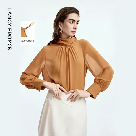 朗姿真丝设计感飘带领衬衫捏褶长袖通勤风上衣2025年秋季新款商品大图