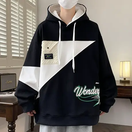 连帽卫衣男秋冬季新款潮牌设计感拼接套头外套青少年加绒加厚上衣商品大图