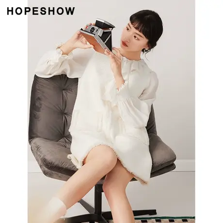 红袖outlets香风温柔假两件连衣裙hopeshow2023秋款气质职场裙子商品大图