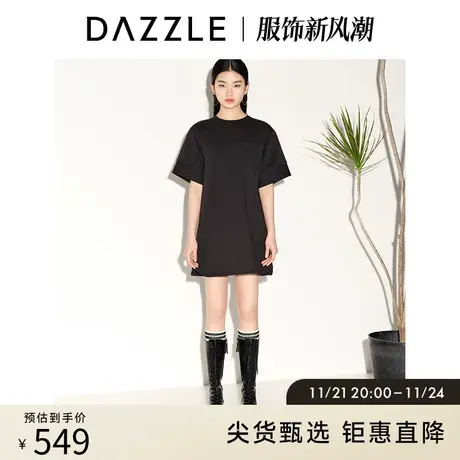 DAZZLE地素奥莱 春夏黑色极简小众口袋装饰直筒短袖连衣裙女商品大图