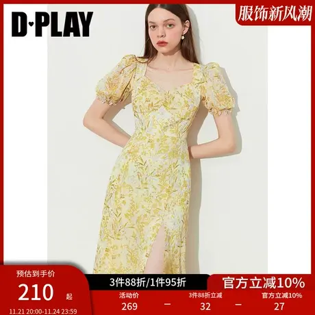 DPLAY夏度假风复古泡泡袖黄调花卉印花茶歇侧开衩长裙图片