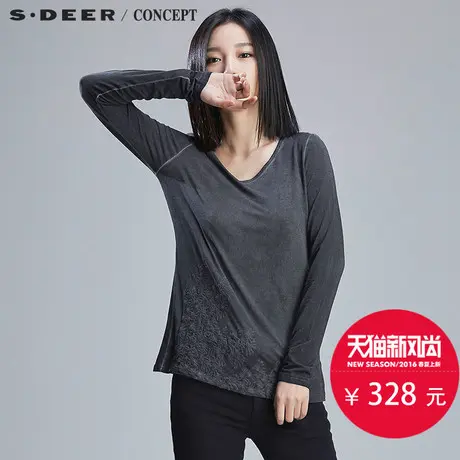sdeer圣迪奥2018秋女装质朴立体绣花长袖T恤S16180249图片