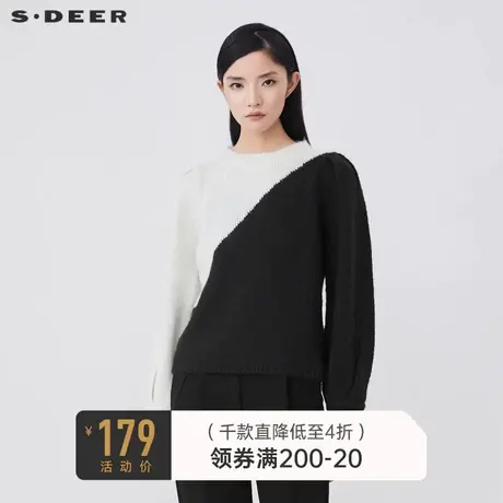 sdeer圣迪奥冬装圆领撞色拼接螺纹宽松针织毛衣S21463569图片