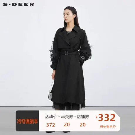 sdeer圣迪奥女装翻领收腰绣花网纱褶皱长款风衣S223Z1822图片
