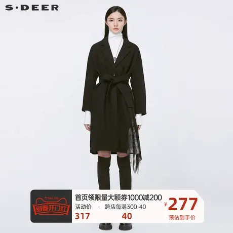 sdeer圣迪奥女装平驳领收腰网纱印花拼接毛呢大衣S20481824图片