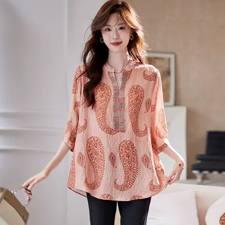宝诗黎中长款烫钻印花衬衫2025夏季宽松波嬉波西米亚风休闲衬衣女商品大图