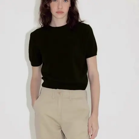 美式复古黑色正肩短袖t恤女夏季小个子高级感收腰短款针织衫上衣商品大图