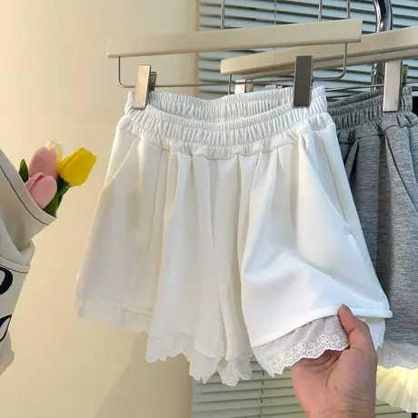 蕾丝花边阔腿休闲短裤女夏季2025新款宽松韩版百搭松紧高腰运动裤图片