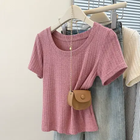 2025夏季新款U领正肩短袖T恤女韩版修身内搭打底衫短款半袖上衣潮商品大图