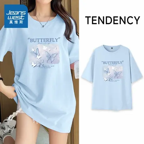 KMV真维斯重磅纯棉短袖t恤女2025新款夏季小个子美式中长休闲上衣图片