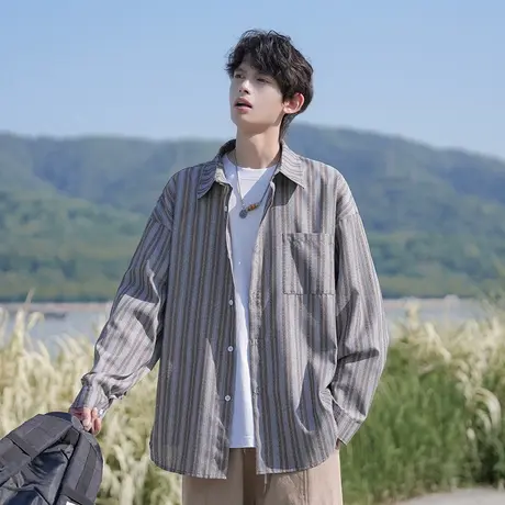 回力条纹长袖衬衫男春秋季2025新款日系宽松外套潮牌宽松休闲衬衣商品大图