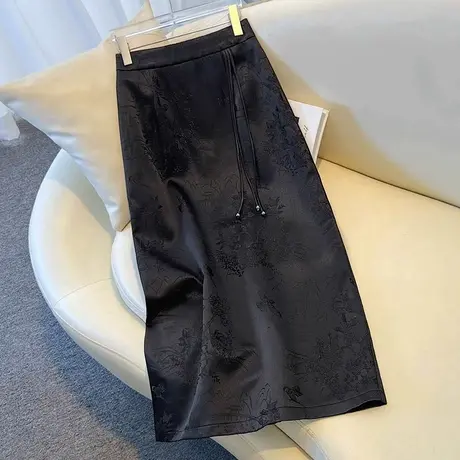 新中式国风半身裙中长款女夏季2025新款开叉提花显瘦a字包臀裙子商品大图