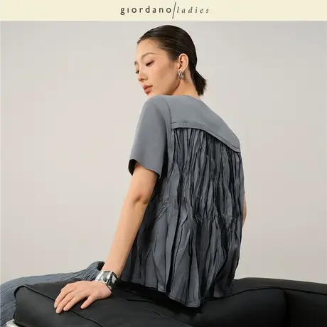 GL2025夏季新款衬衫女拼接压褶不规则下摆圆领短袖上衣女02345013图片