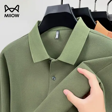 猫人POLO衫男长袖春秋季新款商务休闲纯色t恤男士中年纯棉体恤衫商品大图