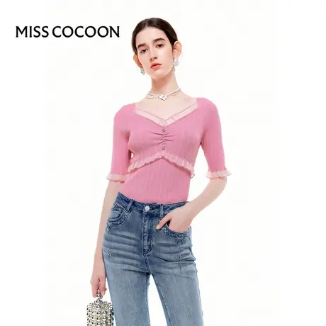 可可尼COCOON【莫奈花园】2025夏季新款荷叶边立体修身显瘦针织衫商品大图