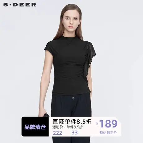 sdeer圣迪奥休闲半高领不规则拼接针织T恤S21280102👆商品大图