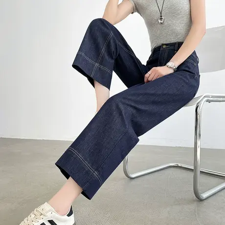 丹宁蓝九分直筒牛仔裤女夏季薄款高腰显瘦垂感小个子八分烟管裤子商品大图