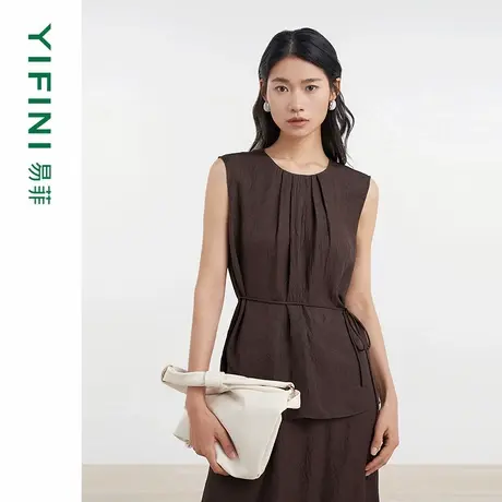 [专柜同款]Yifini/易菲斜纹醋酸文艺气质无袖套头衫宽松短款小衫商品大图