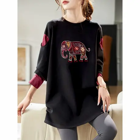 宝诗黎圆领亮片刺绣中长款卫衣2025春季洋气百搭黑色休闲上衣女商品大图