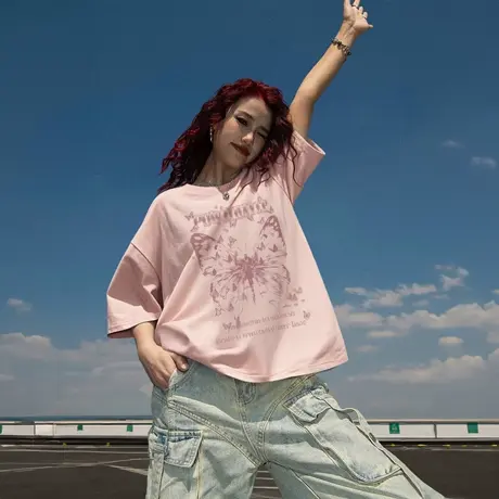 YEP2025春夏新款创意印花T恤女复古潮牌宽松设计感情侣款半袖上衣图片