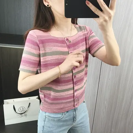 夏装新款2024女士t恤短款针织衫渐变色条纹拼色短袖上衣减龄百搭商品大图