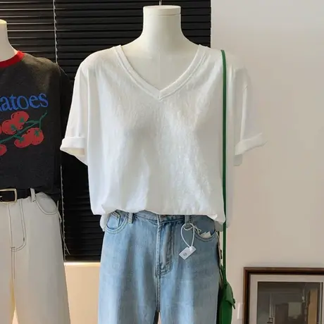 雪花棉V领纯色净版宽松夏季薄款微透时尚休闲百搭简约短袖T恤衫商品大图