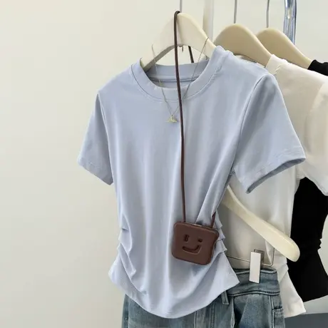 ins超火褶皱收腰短袖T恤女夏季韩版修身简约打底衫短款正肩上衣潮商品大图