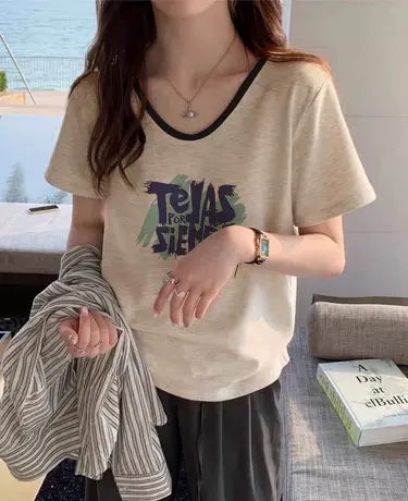 胖mm大码撞色T恤女夏季短款韩版chic小个子V领短袖ins潮印花上衣商品大图