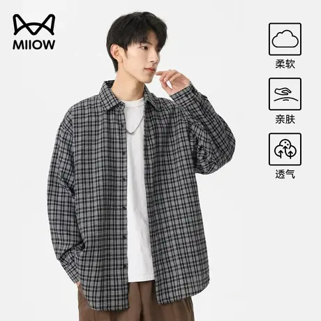 猫人格子衬衫男款夏季宽松翻领长袖上衣男士高级感痞帅休闲衬衣薄图片