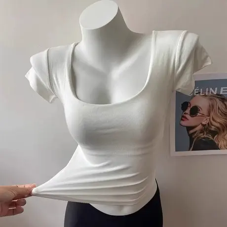 白色大领口U领露锁骨短袖T恤女夏季修身韩版短款纯欲性感正肩上衣图片