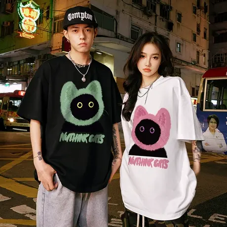 Nuthink国潮宽松情侣可爱卡通猫咪t恤短袖男女同款夏季大码半袖潮图片