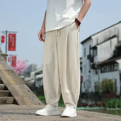 夏季薄款男士垂感亚麻裤子日系风宽松直筒阔腿裤棉麻休闲裤灯笼裤图片