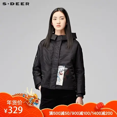 sdeer圣迪奥冬装酷黑民族脸谱薄款羽绒服女S17482446图片