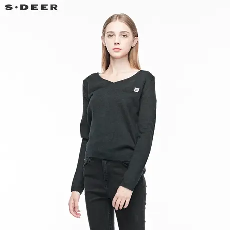 sdeer圣迪奥女装时尚休闲V领创意拼接字母贴布长袖毛衣S191A3547图片
