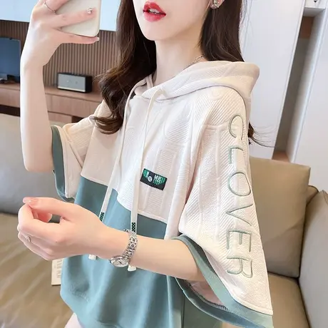 设计感小众连帽短袖t恤女夏季韩版宽松大码女装减龄半袖上衣服潮商品大图