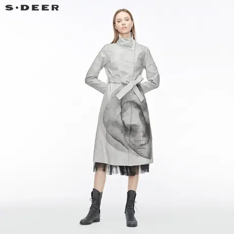 sdeer圣迪奥女装休闲高领水墨晕染撞色字母收腰风衣S19381861图片