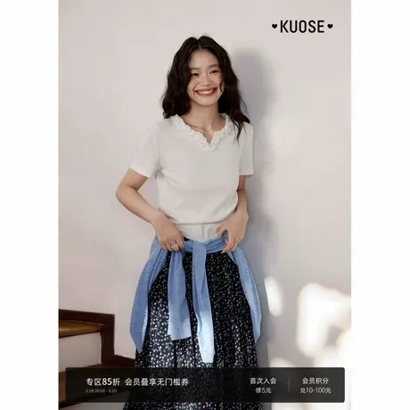 阔色v领蕾丝花边短款T恤女2025夏季新款气质针织修身显瘦白色上衣图片