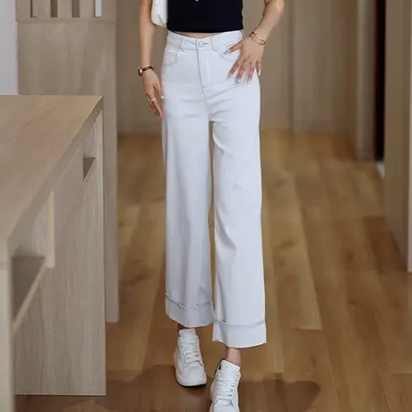 轻薄水洗棉窄版软牛仔直筒裤女夏季垂顺翻边凉爽九分休闲阔腿裤子商品大图