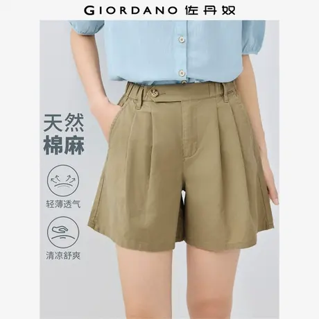 佐丹奴短裤女装天然棉麻压褶半松紧腰梭织休闲短裤 13405221商品大图