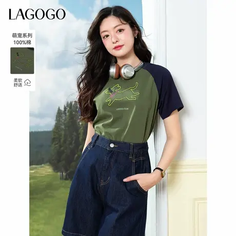 LAGOGO撞色插肩袖卡通小狗T恤女拉谷谷2025年夏新款纯棉休闲短袖图片