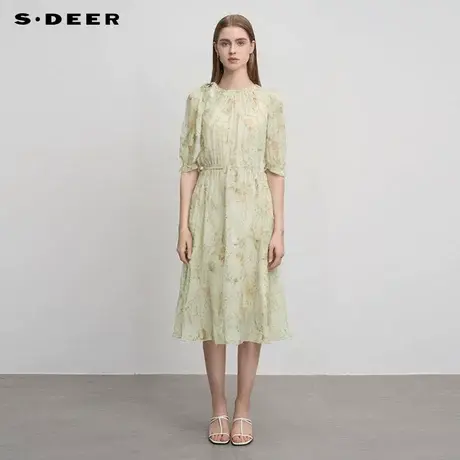 sdeer圣迪奥女装圆领系带印花雪纺蛋糕裙连衣裙S242Z12U9商品大图