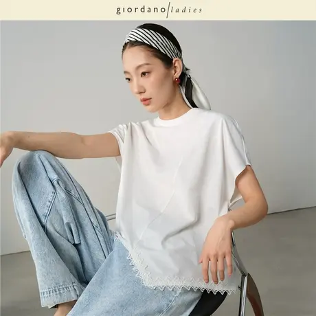 GL2025夏季新款纯棉不对称蕾丝下摆圆领蝙蝠袖短袖T恤女02325038图片