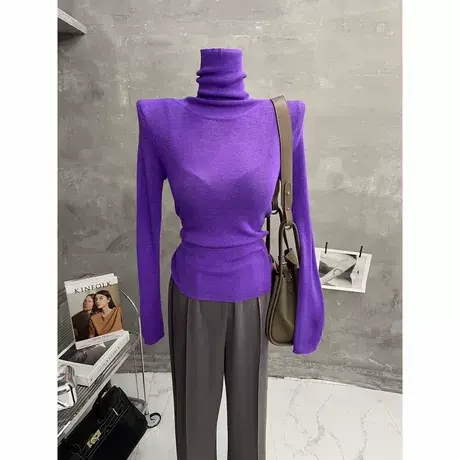 软糯舒适~洋气堆堆高领打底衫女微透薄款针织衫修身毛衣秋冬内搭商品大图