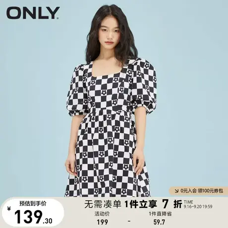 ONLY奥莱夏季花朵棋盘格短款泡泡袖收腰连衣裙女图片