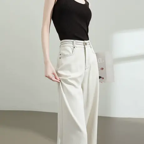 明线九分牛仔裤女夏季薄款高腰宽松显瘦直筒小个子米白色阔腿裤子商品大图